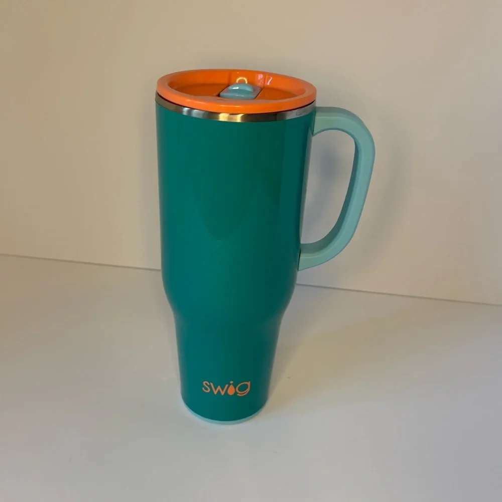 Swig Life Mega Mug with Handle Insulated Tumbler Lid Straw 40 oz Teal Coral EUC - Picture 9 of 16